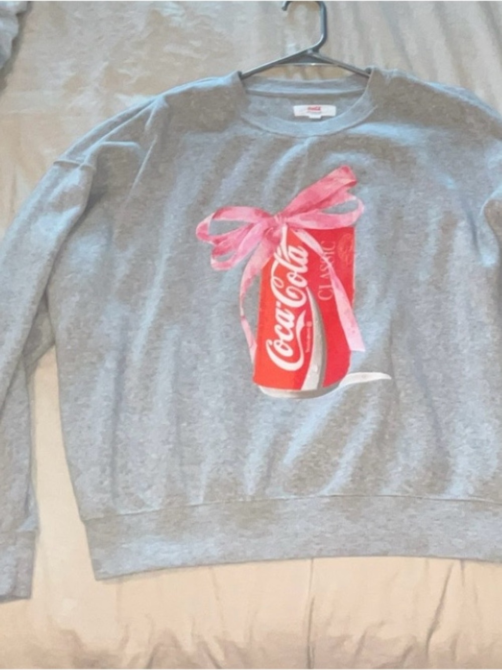 Coca Cola Gray Crewneck with Red Can and Pink Bow Graphic